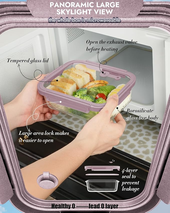 12-Pack Glass Containers with Tempered Lids – Borosilicate, Oven-Safe(-4°F~950°F), Airtight, BPA-Free, Multi-Size for Meal Prep, Dishwasher Safe, 1.6 cups to 6.4 cups (Pink) - Image 5