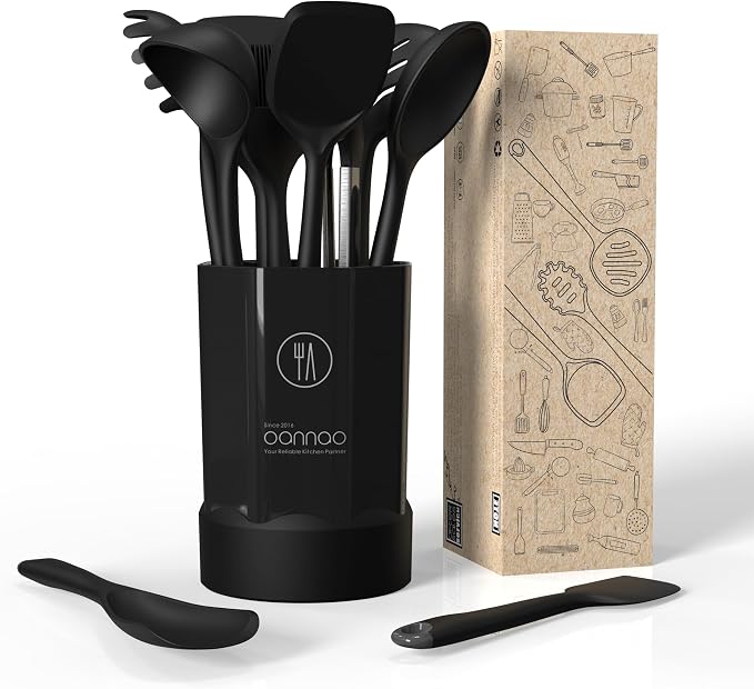 Silicone Kitchen Utensils Set,Utensils Sets for Cooking,Dishwasher Safe | Seamless Spatula Set,Nonstick Cookware, BPA-Free,Heat Resistant up to 600°F, House warming Gift,Black - Image 6