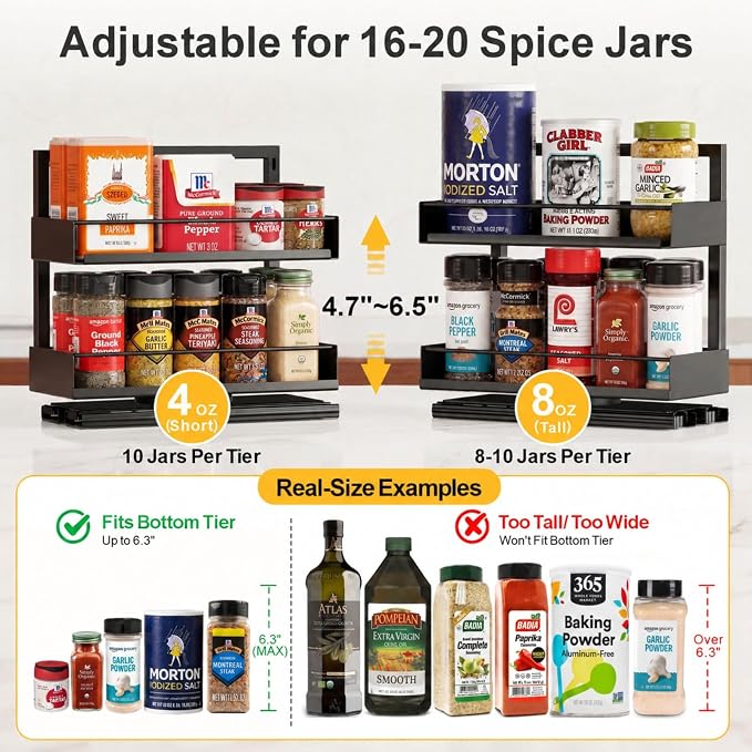 Pull Out Spice Rack - 2 Pack Spice Organizer for Cabinet | For Flat-Front Cabinets Only, Pull-Out Rotating Access, No-Drill Mount, Keeps Spices Visible Easy to Reach, Adjustable Height - Image 4
