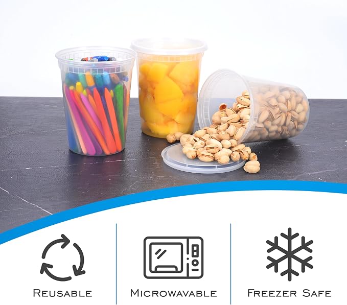 [32 OZ, 20 Sets] Plastic Deli Food Storage Containers with Airtight Lids | Microwave-, Freezer-, Dishwasher-Safe | BPA Free | Heavy-Duty | Meal Prep | Leakproof | Recyclable - Image 3