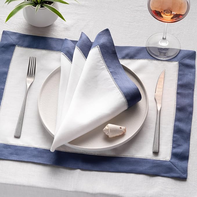Linen Napkins 20 x 20 inch - 100% Pure Linen White and Navy Blue Dinner Napkins Set of 4 - Hemstitch Napkins Cloth Washable for Winter, Easter and Spring Decor - Image 3