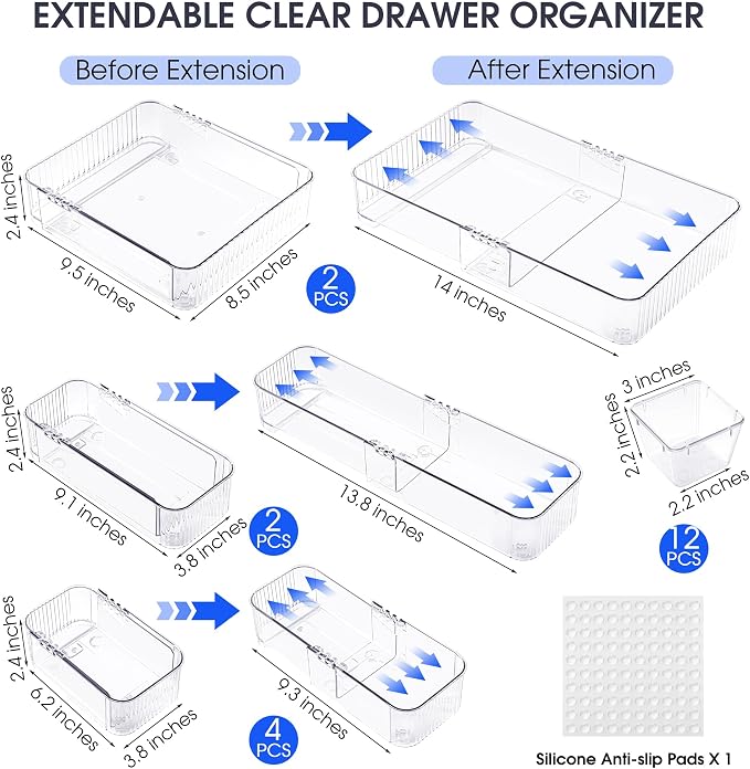 Aneco 20 Pieces Extendable Clear Drawer Organizer Adjustable Vanity Storage Box 4-Size Desk Drawer Divider Acrylic Storage Bins for Makeup, Cosmetic, Jewelries, Bedroom Kitchen Utensils Gadgets - Image 2
