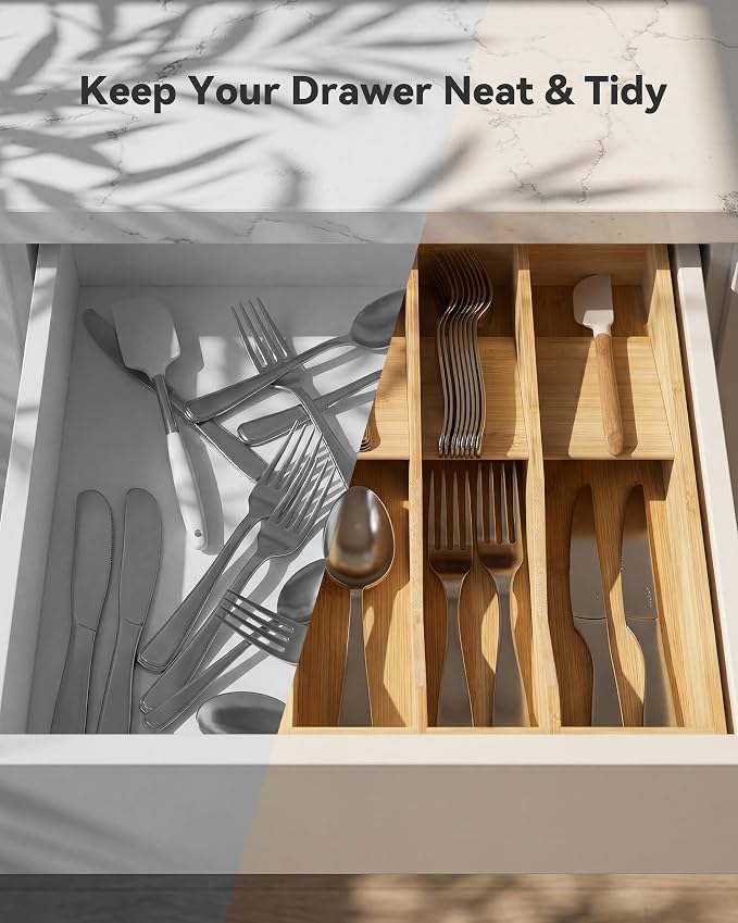 Utensil Drawer Organizer for Silverware,Bamboo 10 Slot | V-Groove & Anti-Slip Blocks, Vertical Storage,16" D x 12.3" W x 2.25" H, Cutlery Holder Dividers for Spoons Forks Knives - Image 6