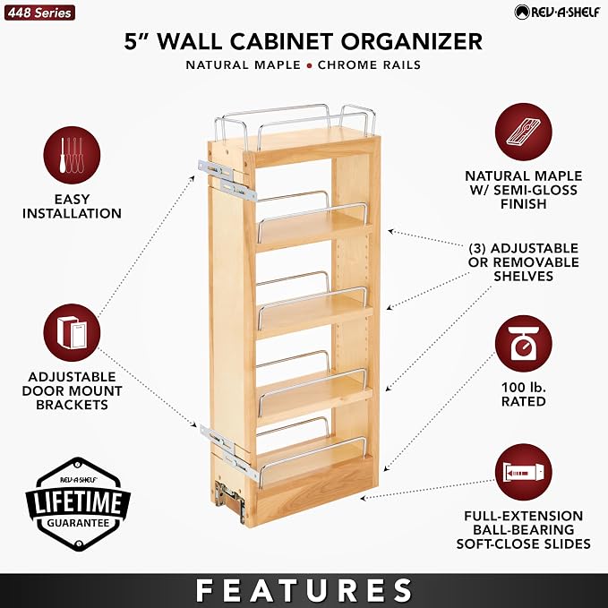 Rev-A-Shelf Maple Pullout Organizer for Wall Kitchen Cabinets, Full Extension Slides & Adjustable Shelves, Min Opening Width of 5.5", 448-WC-5C - Image 5