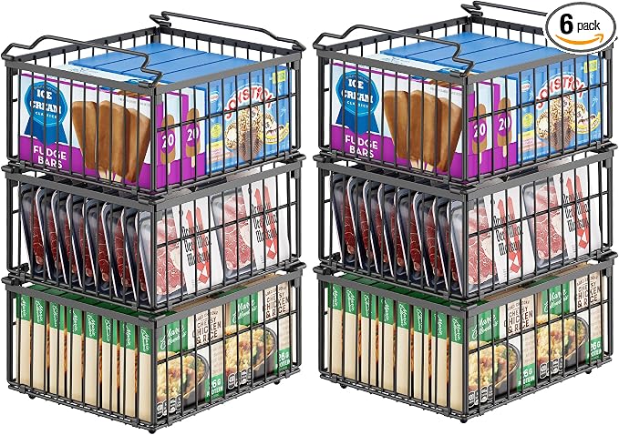 Freezer Organizer Bins, 6 Pack Enlarged Baskets for 5-9 Cu.FT Deep Freezer | Stackable Chest Freezer Organizer Bins, Foldable with Handles, Black Storage Container Baskets for Sort Frozen Meats by MSERCUOR