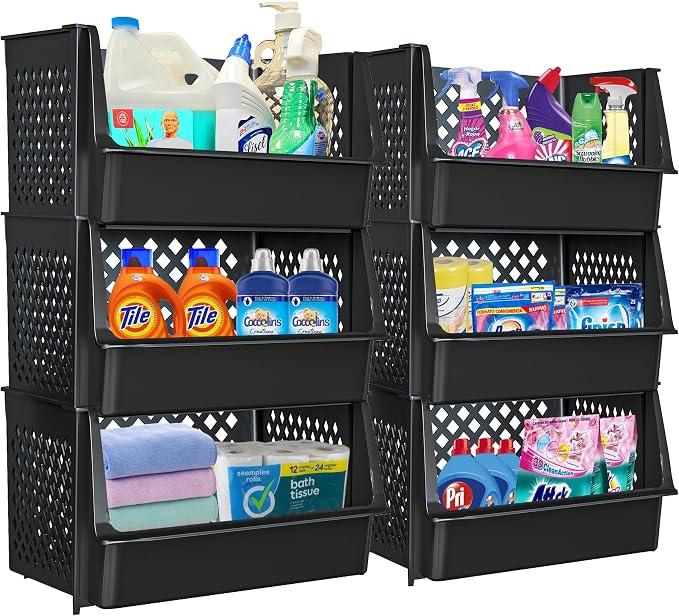 Large Stackable Storage Bins Open Front for Pantry Storage, 6 Pack - Black | Sturdy Plastic, Easy Stacking, Open Front Access, Ventilated Sides, Vertical & Space Saving Pantry Organizers and Storage Bin by Skywin