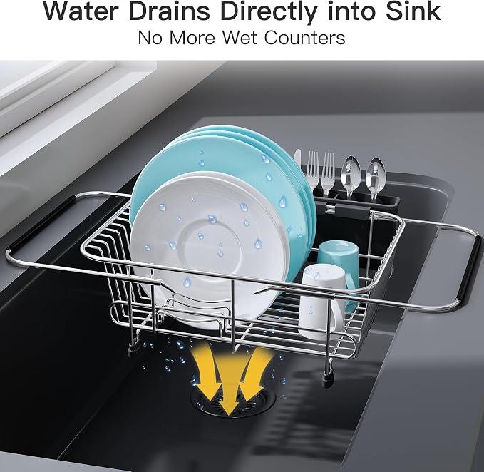 JASIWAY Sink Small Dish Drying Rack with Utensil Holder, for RV, Apartment | Over Sink Expandable Stainless Steel Dish Drainers for Compact Kitchen, Space Saving, Fast Drain, Rustproof, For 1-2 people - Image 6