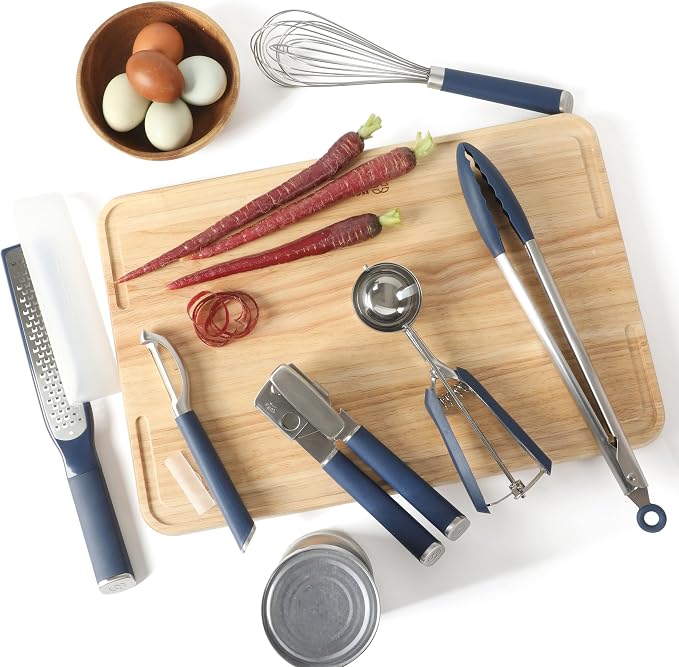Calphalon Edge 6-Piece Stainless Steel Kitchen Tool & Gadget Set, Kitchen Utensil Set with Silicone Accent, Can opener, Straight peeler, Grater, Tongs, Balloon whisk and Scoop (Navy Blue) - Image 2
