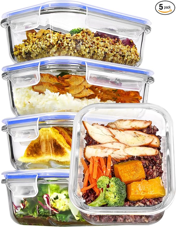 Vtopmart 5Pack 22oz Glass Storage Containers with Lids, Blue | Glass Meal Prep Food Container Sets, Snap Airtight Lid, For Microwave, Oven, Freezer and Dishwasher, BPA Free by Vtopmart