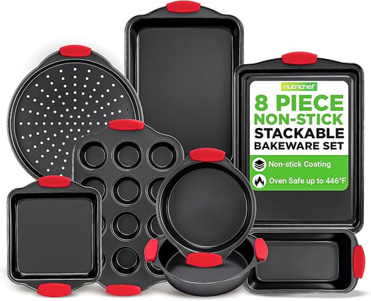 NutriChef Non-Stick Kitchen Oven Baking Pans-Deluxe & Stylish Nonstick Gray Coating Inside Outside, Commercial Grade Restaurant Quality Metal Bakeware with Red Silicone Handles NCSBS8S, 8 Piece Set by NutriChef%E2%84%A2Kitchen