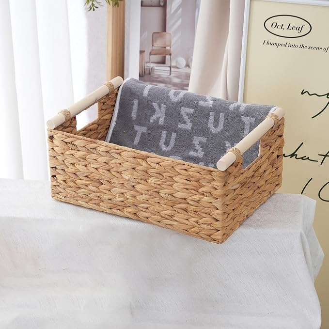 Wicker Storage Basket, Woven Shelf Organizer, 15.5x10.8x6.2 | 15.5x10.8x6.2" natural wicker basket with handles; rectangular shelf organizer for kitchen, bathroom and living spaces. - Image 5