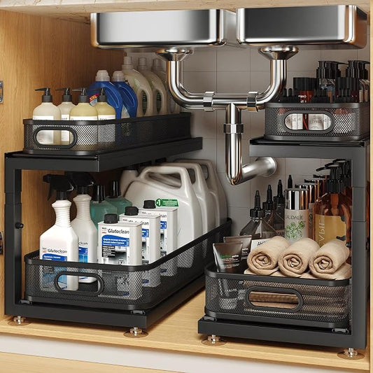 2-Pack 21.3 IN Depth Under Sink Organizer With Next-Gen Ball-Bearing Slides,Sophisticated Mesh 2-Tier Pull Out Shelf for Kitchen & Bathroom,Fits Small Items-Black by UnderSinkOrganizer