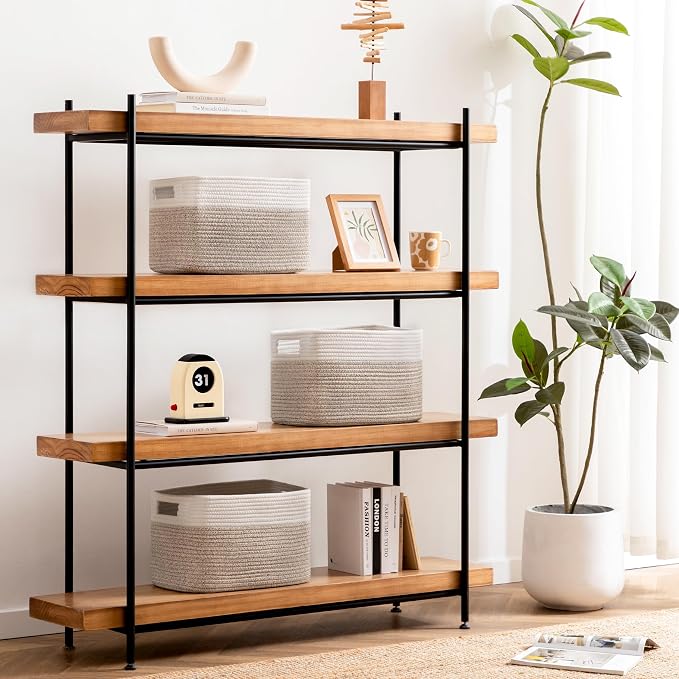 4 Pack Storage Baskets for Organizing, Shelf Baskets with Handles, White&Light Brown - Image 4