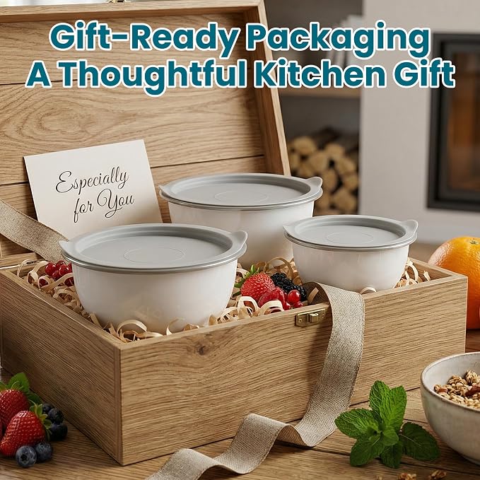 18/8 Stainless Steel Mixing Bowls Set with Lids,1.5,3 & 5 Qt,White | Non-Slip Silicone Base & Measurement Marks, Airtight Food Storage for Baking, Cooking & Meal Prep，Nesting Design - Image 5