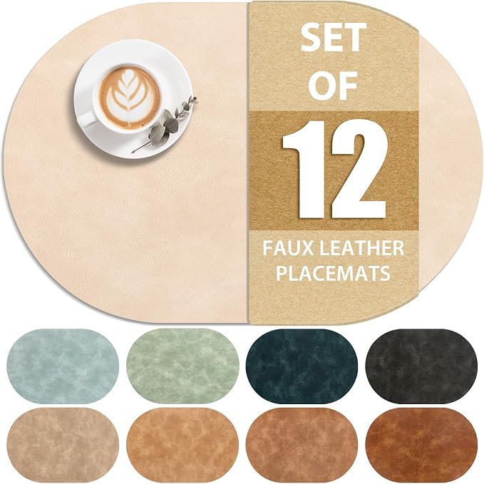 ADRIMER Placemats, Heat Resistant Oval Placemats Set of 12 Washable 12 x 17 Inch, Waterproof Table Mats, Wipeable Pu Place Mats for Kitchen, Dining Room, Beige by Adrimersdreamistobeanindispensablecompanioninyourlife