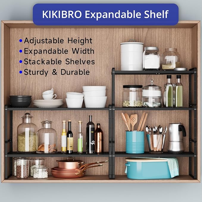 Expandable Kitchen Shelf Organizers, Kitchen Cabinet Organizer Stand Rack Organization for Countertop Cupborad Pantry, Black 3 Pack - Image 5