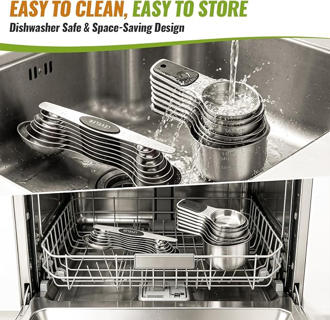 Magnetic Measuring Cups & Spoons Set of 15 | BPA Free,Heavy Duty 304 Stainless Steel,Strong N52 Magnets,Dishwasher Safe with Leveler for Baking and Cooking - Image 8
