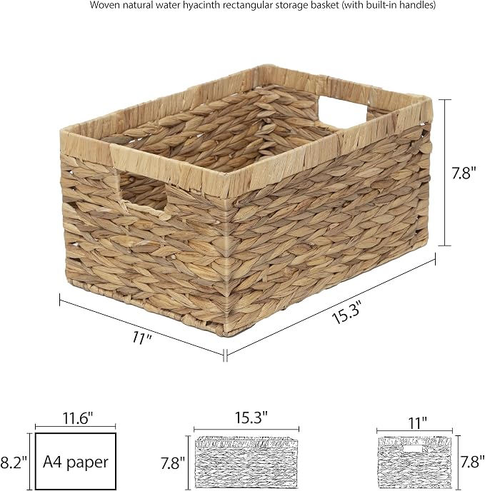 Woven Natural Water hyacinth Rectangular Storage Baskets with inside Handle,Kingwillow(Large) - Image 3