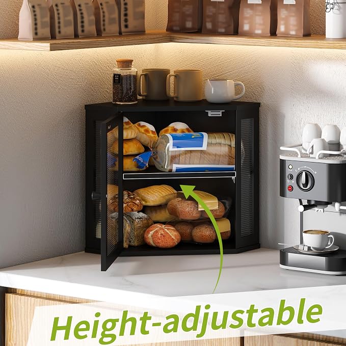 BMOSU Corner Bread Box for Kitchen Countertop Double Layer Bamboo Wooden Bread box Large Capacity Bread Storage Bin(Black, Medium) - Image 5