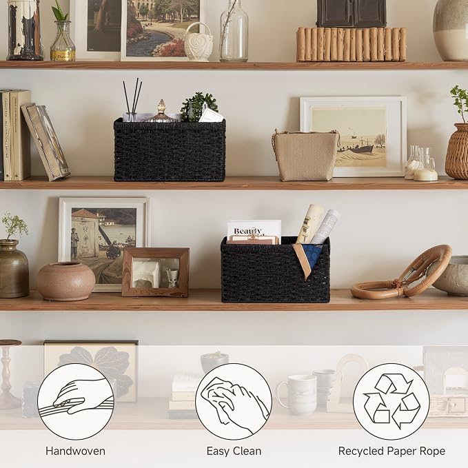 StorageWorks Wicker Storage Baskets for Organizing, Black Baskets, 2-Pack | Paper Rope Black Wicker Baskets, Wicker Storage Baskets for Shelves, Pantry Organizers and Storage, Black Woven Baskets - Image 5