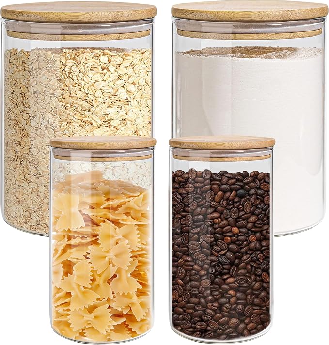 Glass Storage Jars Set Elegant Containers with Airtight Bamboo Lids, Perfect for Kitchen Organization - Flour, Rice, Pasta, Sugar, Coffee Beans (2 packs(37oz) / 2 packs(111oz)) by EQEYBRAND