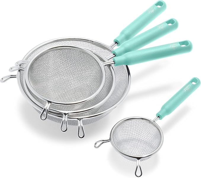 GreenLife Cooking Tools and Utensils, 4 Piece Extra Fine Stainless Steel Mesh Strainer Kitchen Set, Stay Cool Handles, Dishwasher Safe, BPA-Free, Turquoise by GreenLife