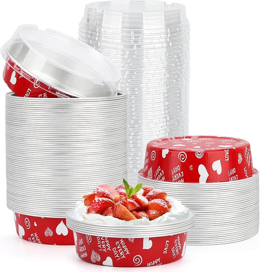 Beasea Mini Pie Pans with Lids Disposable, Set of 100 Pack 4” 8oz Red Aluminum Baking Foil Tins Small Round Tart Container for Individual Cupcake Cheesecake Ramekin Dessert Muffin Quiche Oven Dishes by Beasea