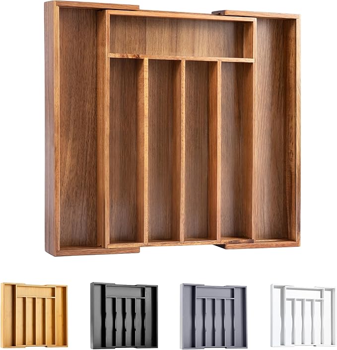 Acacia Silverware Organizer Kitchen Drawer Organizer Expandable Bamboo Utensil Holder Cutlery Tray for Kitchen Utensil and Flatware Bedroom Office by Bellsal