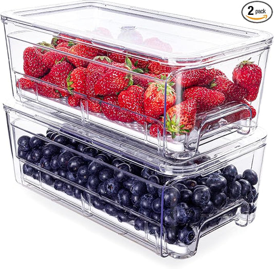Imncya Fridge Organizer Bins, Clear Stackable Pull Out Fridge Drawer Organizer, Refrigerator Organizers and Storage Container for Fruits, Vegetables, Drinks, Food ( 2 Pack Clear) by Imncya