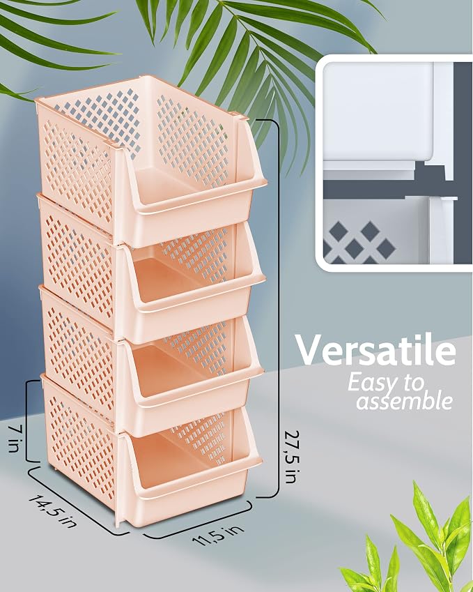 Skywin Stackable Storage Bins Open Front for Pantry Storage, 4 Pack - Cream | Sturdy Plastic, Easy Stacking, Open Front Access, Ventilated Sides, Vertical & Space Saving Pantry Organizers and Storage Bin - Image 2