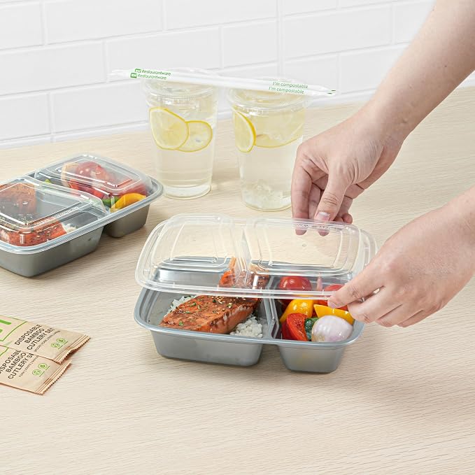 Restaurantware-Asporto 26 Ounce Compartment Take Out Boxes, 100 Microwavable Meal Prep Containers - 2 Compartments, With Clear Plastic Lids, Silver Plastic Food Containers, Do Not Contain BPA - Image 5