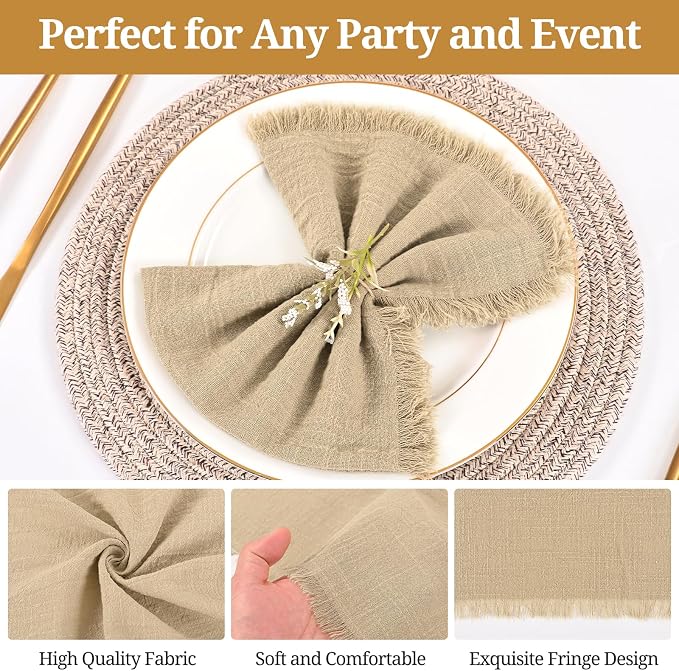 50 Pack Caramel Cloth Napkins, 16 x 16 Inch Cotton with Fringe Settings | Handmade washable reusable cotton dinner napkins in bulk for weddings, parties, rustic boho table settings - Image 5