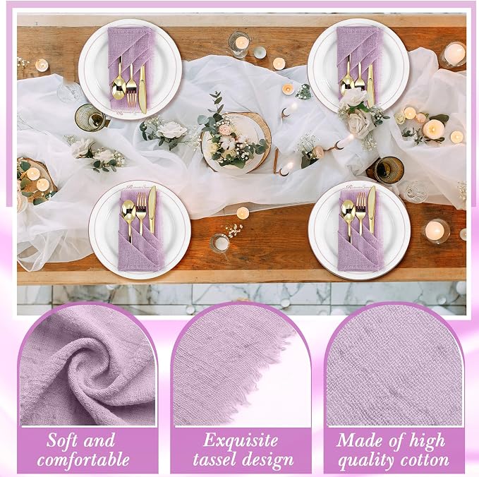 48 Pcs Cotton Linen Cloth Napkins with Fringe 16.5 x 16.5 Inch Square Rustic Dinner Linen Napkins Bulk for Wedding Party Banquet Dinner (Purple) - Image 5