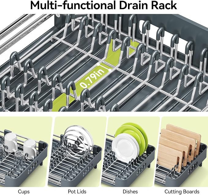 Urackify Extendable Stainless Dish Drying Rack for Kitchen Counter | 13.78"W x 18.7"L, Foldable Drainboard for Space Saving, Knife and Utensil Holder, Fast-draining Spout, Dark Slate Teal - Image 5