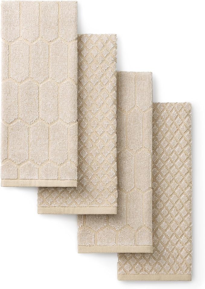 Martha Stewart Honeycomb Chambray Textured Kitchen Towel 4-Pack Set, 100% Cotton with Absorbent Terrycloth, Decorative Kitchen Towels, Natural, 16"x28" by MarthaStewart