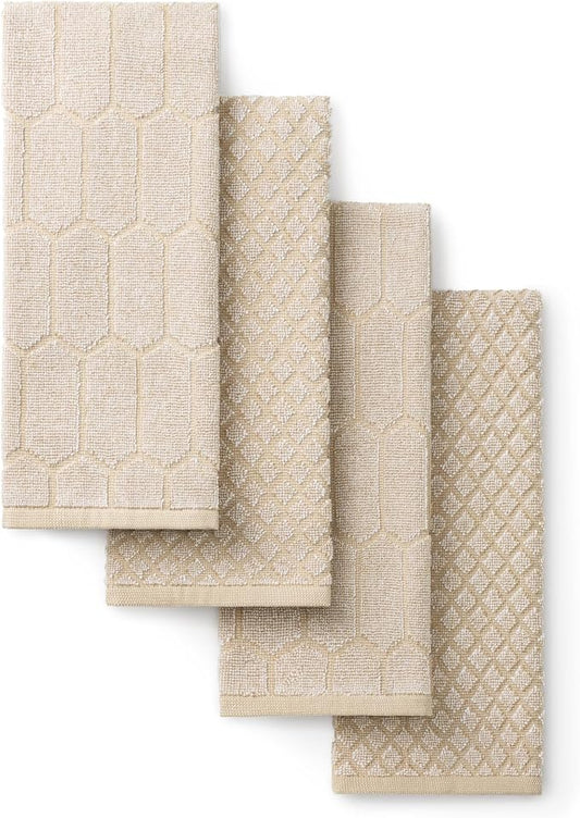 Martha Stewart Honeycomb Chambray Textured Kitchen Towel 4-Pack Set, 100% Cotton with Absorbent Terrycloth, Decorative Kitchen Towels, Natural, 16"x28" by MarthaStewart