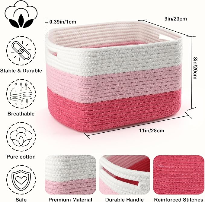 4 Pack Storage Baskets for Organizing, 11''Lx9''Wx8''H Woven Baskets for Storage Toys, Towels, Books, and Clothes, Cotton Rope Basket for Shelves with Handle - Image 2