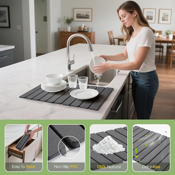 Large Stone Dish Drying Mat for Kitchen Counter – 24"×16" Collapsible Diatomaceous Earth Mat, Ultra Absorbent & Quick Dry, Foldable Drying Pad for Dishes, Bottles, Cups (Dark Grey) - Image 4