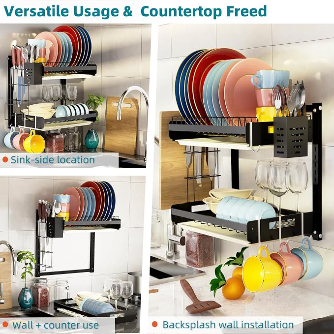 Hanging Wall Mounted Dish Drying Rack, Cutting Board Rack*1, Hook*4, Drain Tray*2, Apartment & RV Wall Mounted Dish Rack, Small Kitchen & Clean Countertop Solution, 2 Layers & 16“ long, Black - Image 3