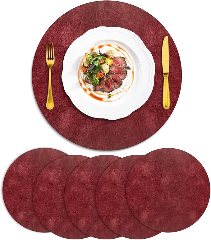 ADRIMER Placemats, Heat Resistant Round Placemats Set of 6 Washable, Waterproof Table Mats, Wipeable Faux Leather Place Mats for Kitchen, Dining Room, Wine Red by Adrimersdreamistobeanindispensablecompanioninyourlife