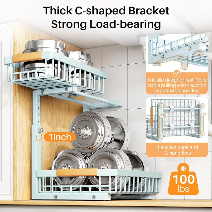 PXRACK Under Sink Organizer, Adjustable Height, 2 Tier Pull Out Under Cabinet Organizer, Slide Out Thickened Metal Under Sink Storage for Kitchen Bathroom Laundry Pantry Cabinet, Blue, Large-1-Pack - Image 6