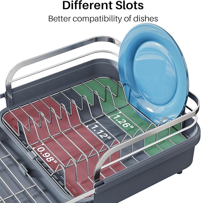 SNTD Expandable Dish Drying Rack for Kitchen Counter, 15.2-22.1 in, Gray | Rust-Resistant Stainless Steel, Protective Side Rails, Self-Draining Drainboard, Removable Utensil Holder - Image 7