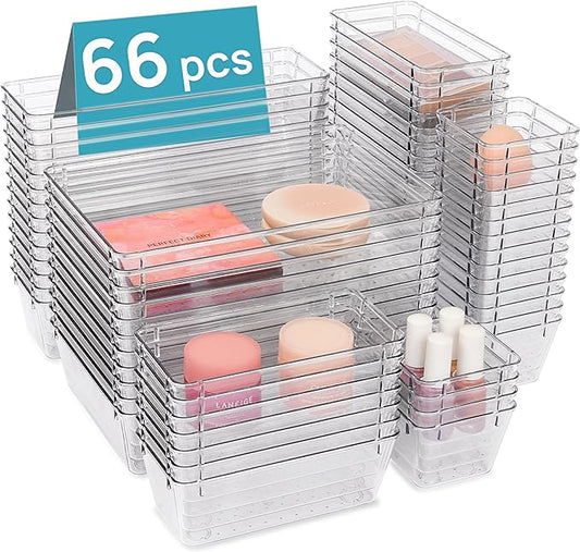 Vtopmart 66 PCS Clear Plastic Drawer Organizers Set, Vanity Organizer Trays | 4-Size Versatile Makeup Organizer, Non-Slip Storage Containers for Makeup, Jewelries, Bedroom，Kitchen Utensils and Office by Vtopmart