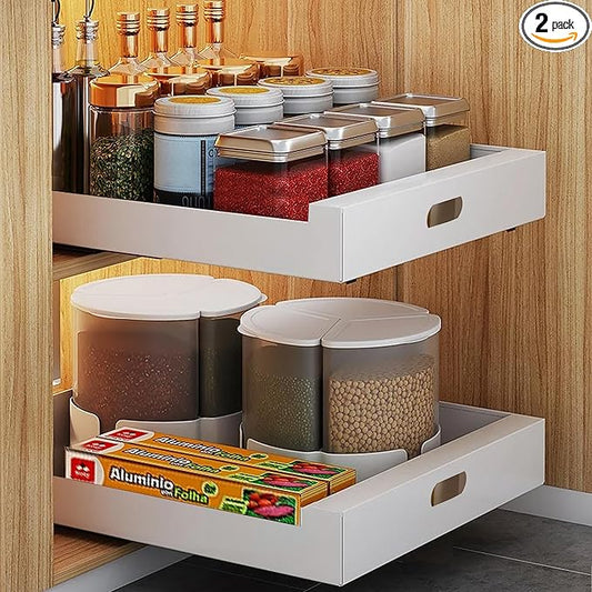 2 Pack Pull Out Cabinet Organizer Adhesive, 10" Wide 16.9" Deep Pull out Drawers for Face Frame or Frameless Cabinets, No Drill Heavy Duty Carbon Steel Drawer, Pantry Cabinet Shelf by bealy
