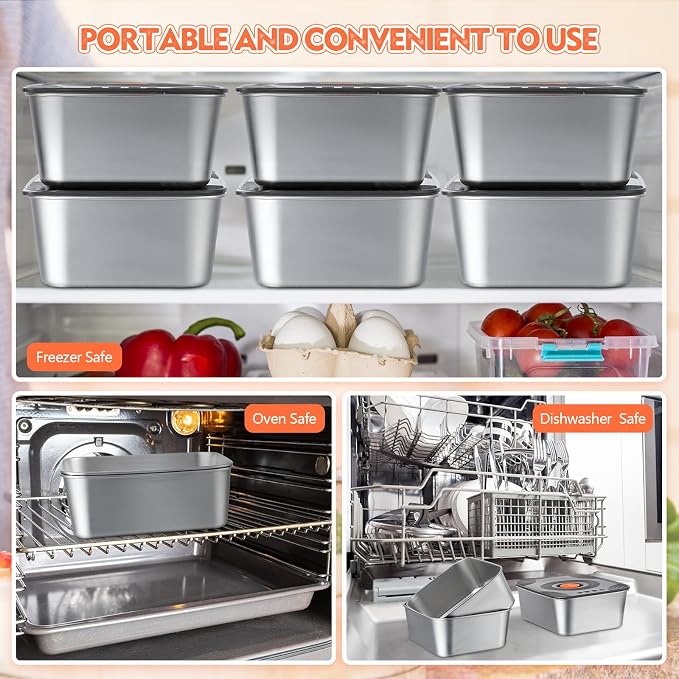 Layhit 16 Sets 34oz Stainless Steel Food Storage Containers with Lids Large Reusable Stackable Metal Container Outdoor Rectangle Fruit Lunch Box for Picnic Travel Dishwasher and Freezer Safe - Image 6