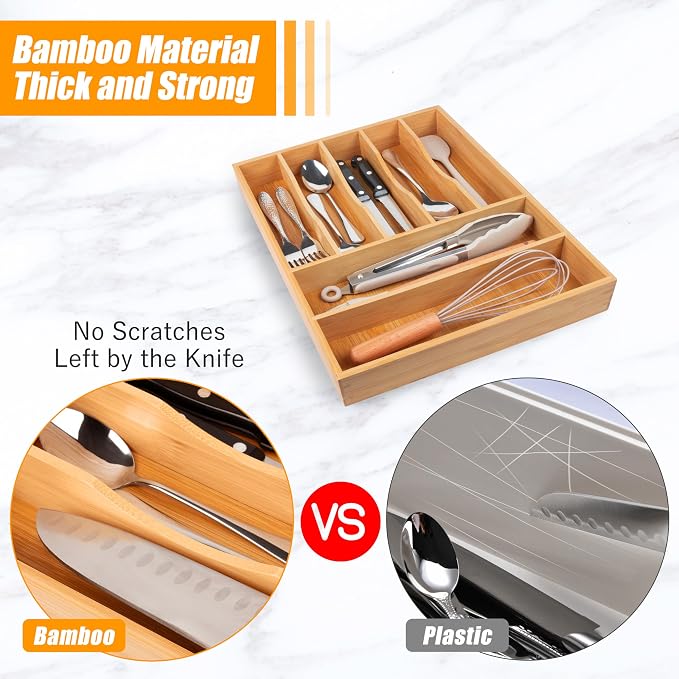 Bamboo Silverware Drawer Organizer, Kitchen Utensil Drawer Organizers, 12"x15.7" Utensils Holder Cutlery Tray with Grooved Drawer Dividers for Kitchen Flatware Bedroom Office(7 Slot, Natural) - Image 4