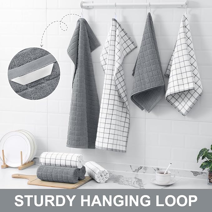 Homaxy Premium Ring Spun Cotton 390 GSM Kitchen Towels, 6 Pack, Grey | 16" x 28" Large Dish Towels, Super Absorbent Terry Hand Towels, Soft Tea Towels with Hanging Loops - Image 6