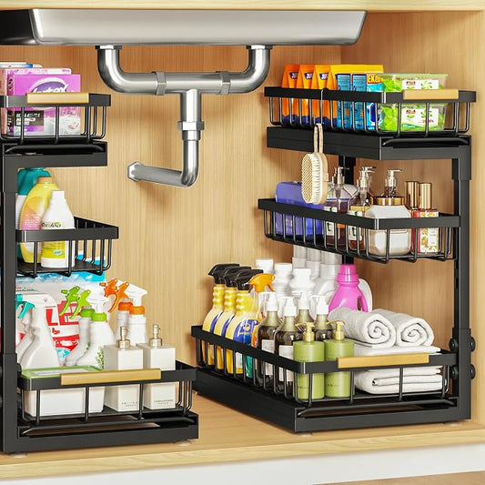 Under Sink Organizer and Storage for Bathroom and Kitchen - 2 Pack 3 Tier | Under Cabinet Pull Out Shelf Organizers - Slide Out Drawer Organization for Home Cabinets Shelves and Drawers by Aekenr