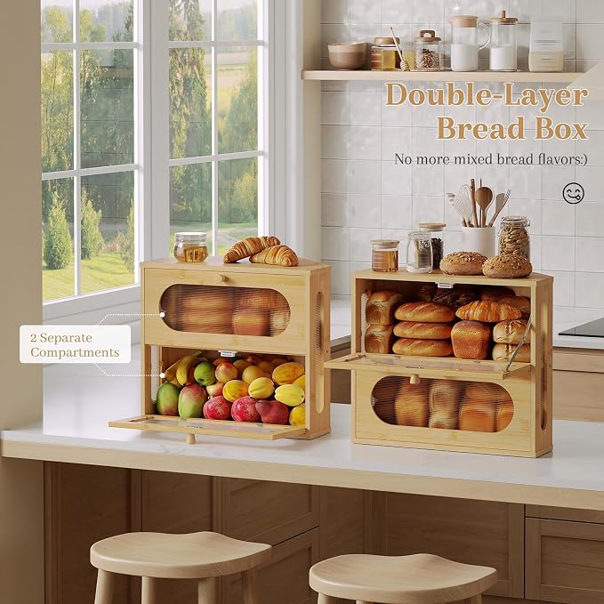 Corner Bread Box for Kitchen Countertop, 2026 New Double Layer Bamboo Bread Storage Bin, Large Bread Container for homemade bread (Natural) - Image 4