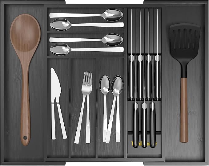 Bamboo Kitchen Drawer Organizer, Expandable Silverware Organizer with Removable Knife Block, 6-8 Slots- Utensil Holder & Cutlery Tray Drawer Dividers, 2.36" Deep for Extra Capacity, Black by Thalomely